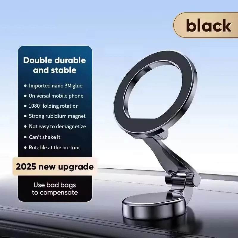 Black magnetic phone holder with a foldable, rotating stand and strong adhesive base for stable dashboard mounting.