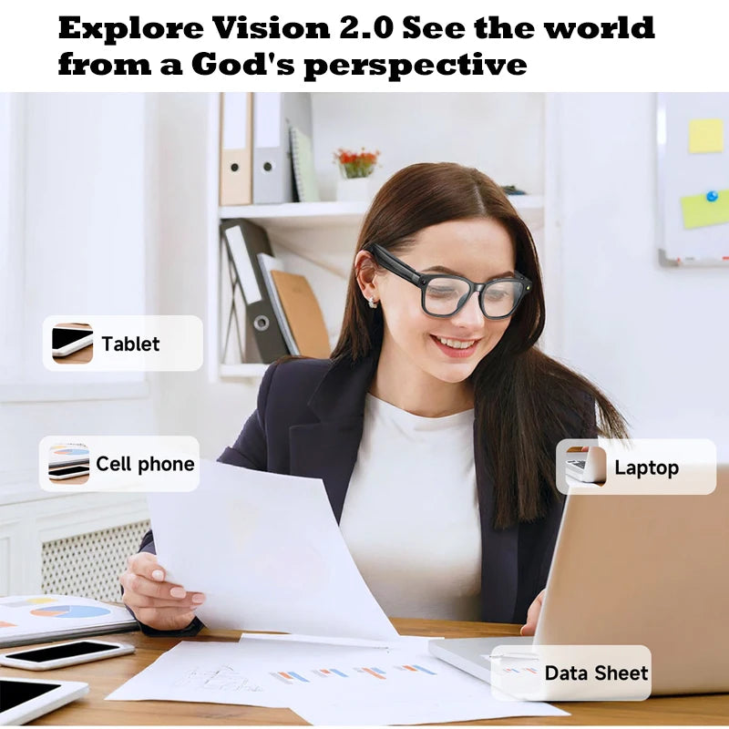 Woman wearing black smart glasses with a built-in camera, working at a desk with a laptop and documents.