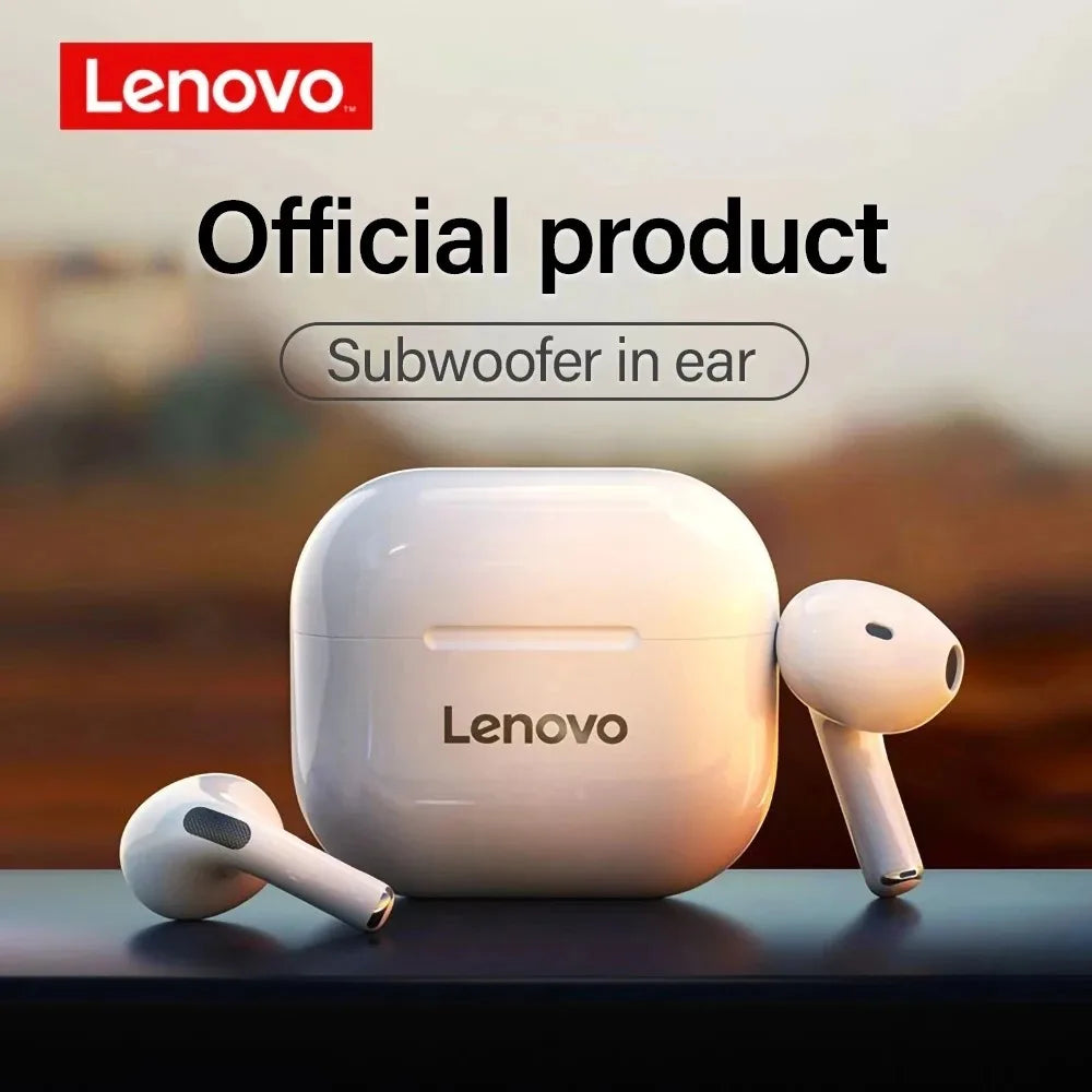 Glossy white wireless earbuds with a matching square charging case displayed against a blurred background.