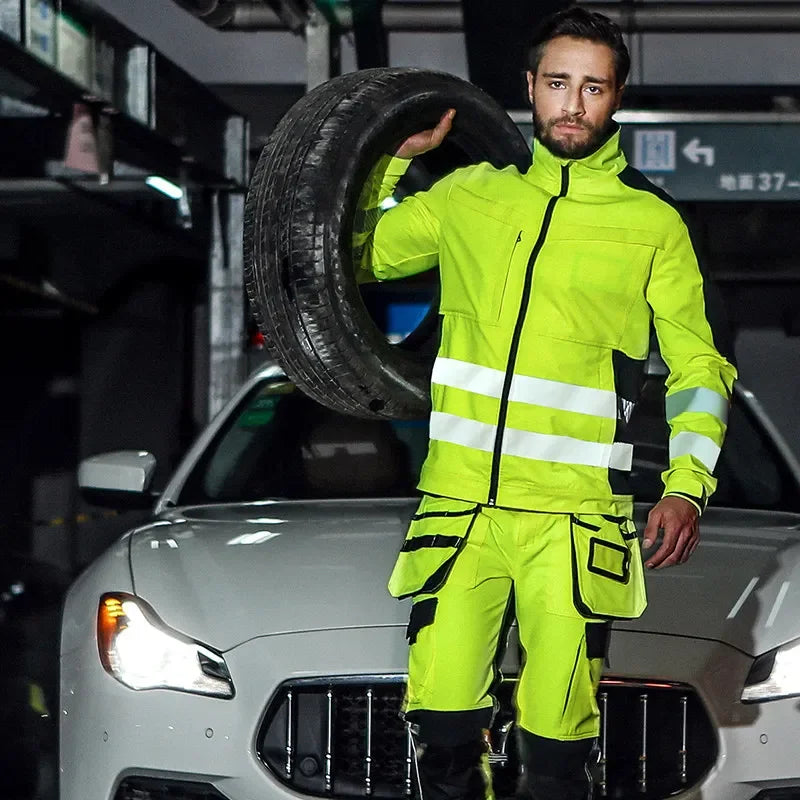 Man wearing a high-visibility neon yellow work jacket and cargo trousers with reflective strips and black pockets.