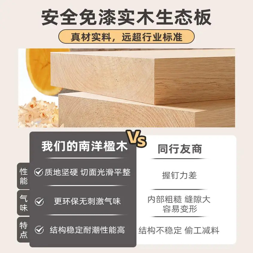 Two stacked wooden boards with Chinese text comparing features against a competitor, including checkmarks.