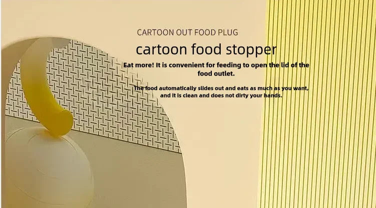Cream-coloured automatic pet feeder with a yellow, cartoon-style food stopper for easy, mess-free dispensing.