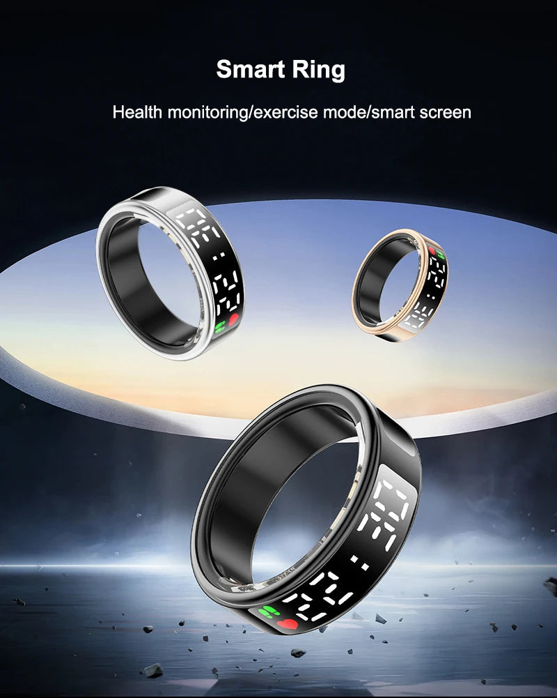 Smart health tracker rings in silver, black, and gold, featuring digital screens for health and fitness monitoring.