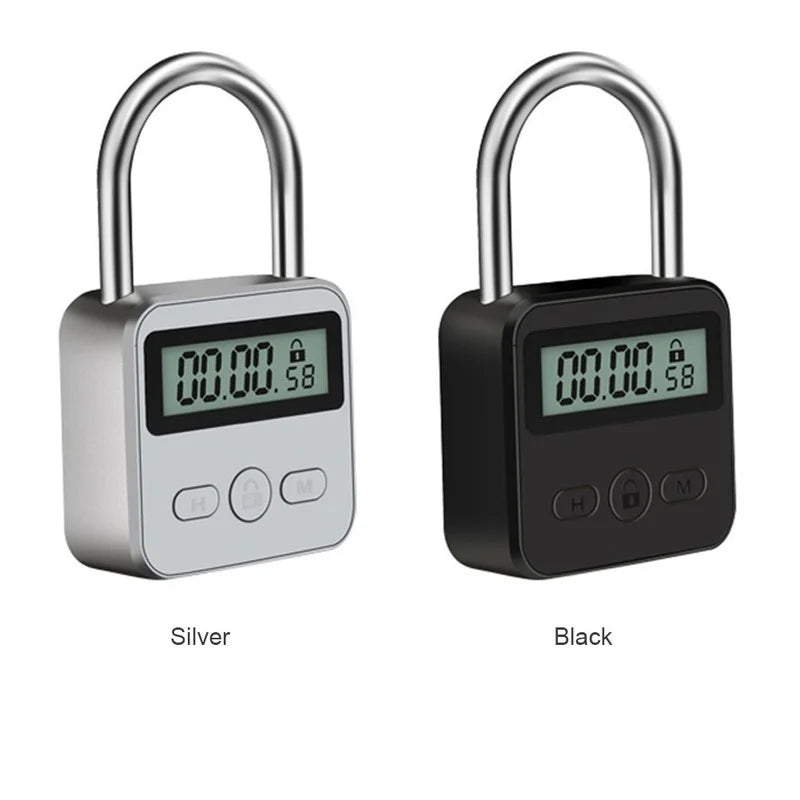 Two metal padlocks in silver and black with digital timing displays, steel shackles, and three control buttons.