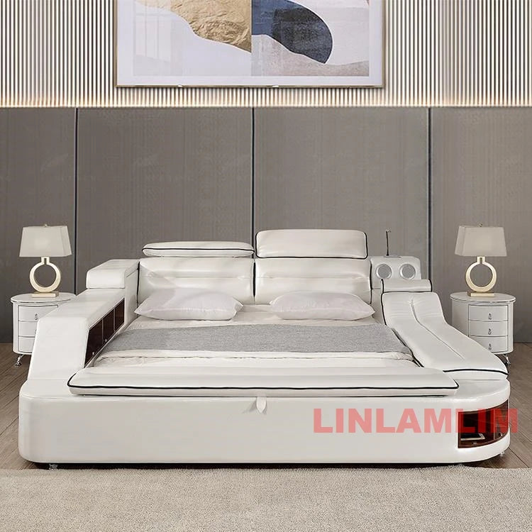 Modern white leather platform bed with integrated storage, adjustable headrests, and built-in LED lighting.