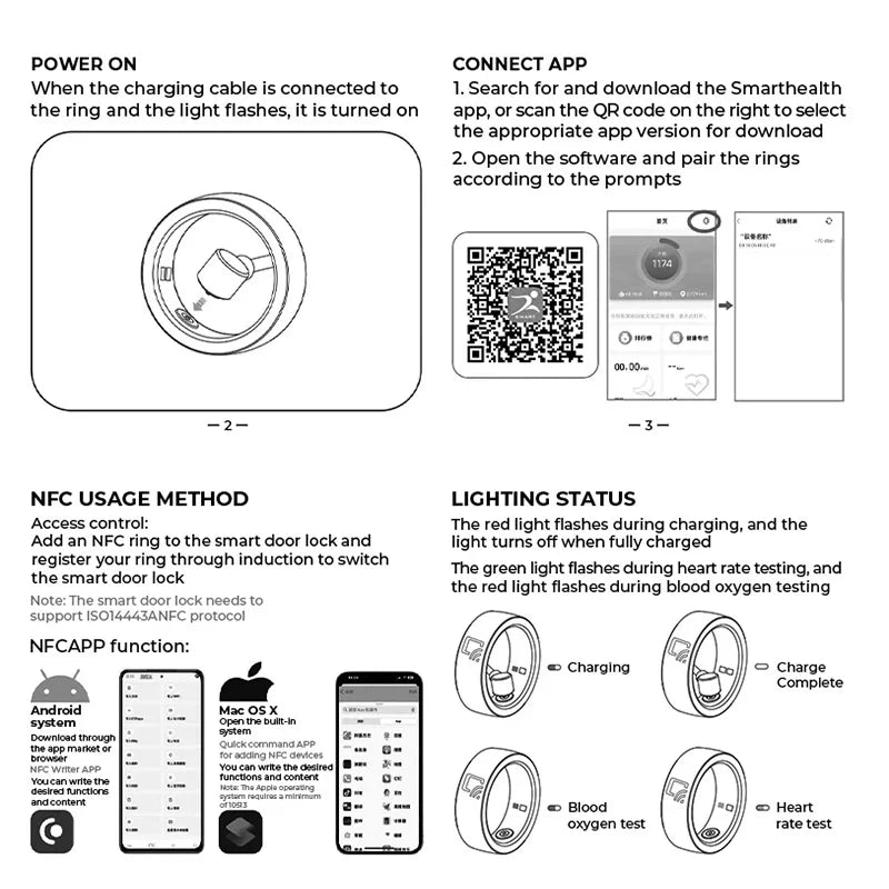 Instruction manual for a black NFC smart ring, showing charging, app pairing, and health monitoring light indicators.