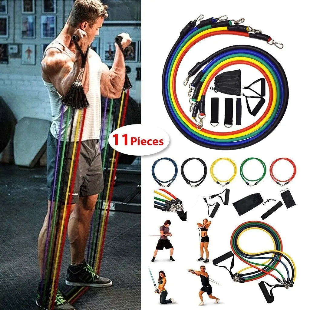 11-piece resistance band set with colorful tubes, handles, ankle straps, door anchor, and carry bag.
