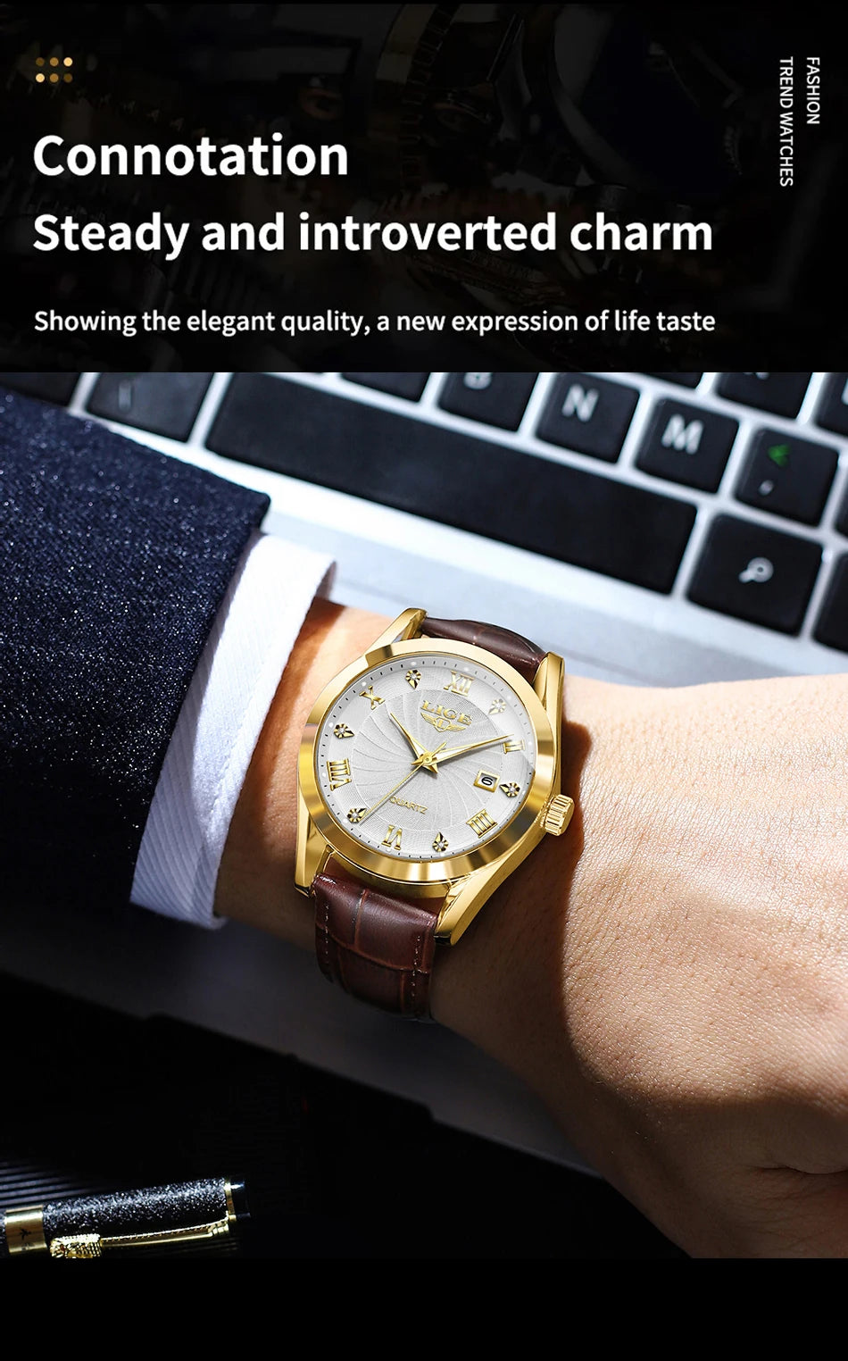 Elegant women’s quartz watch with a gold case, silver sunray dial, Roman numerals, and a brown leather strap.