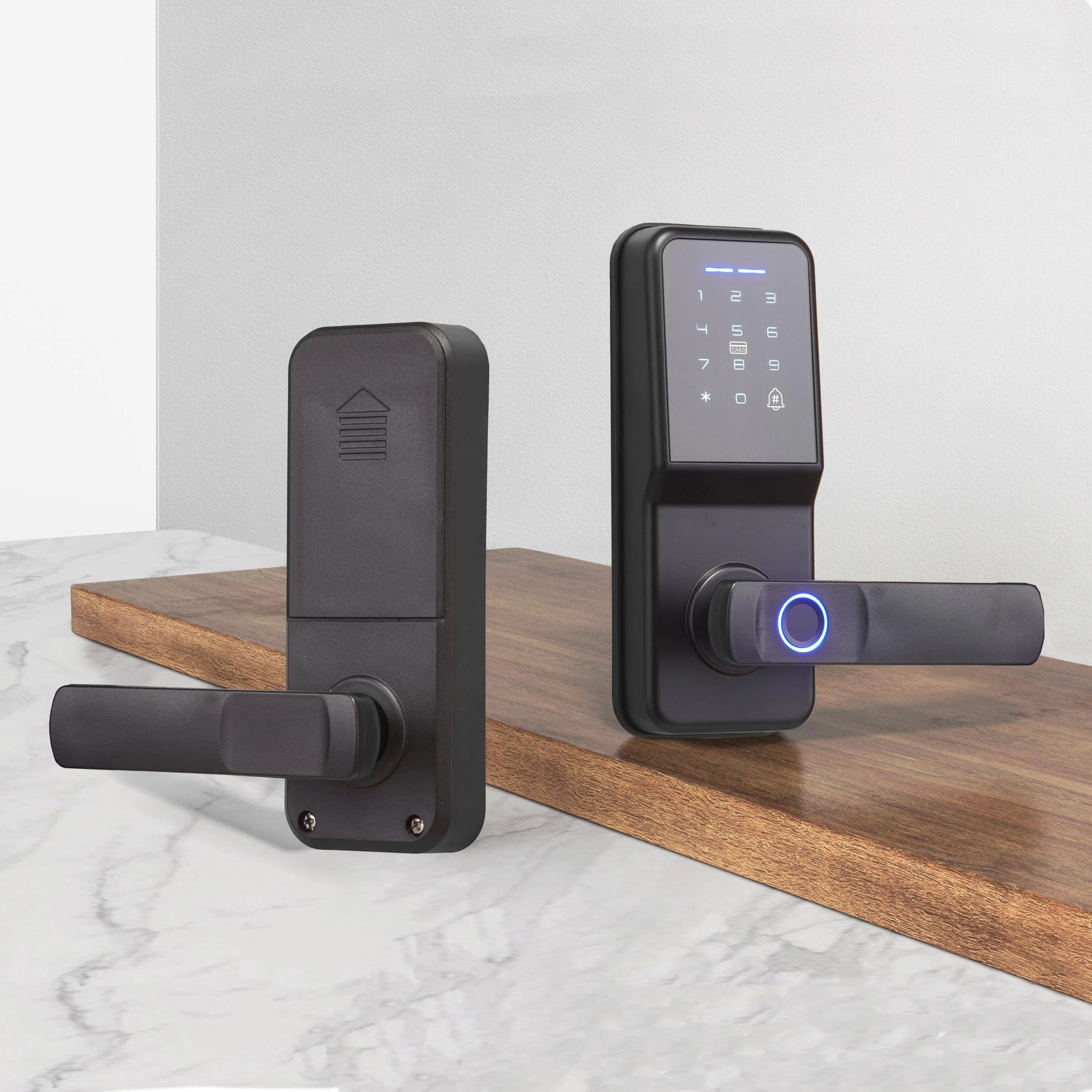 Matte black metal smart door lock with a digital keypad, fingerprint scanner, and lever handle.