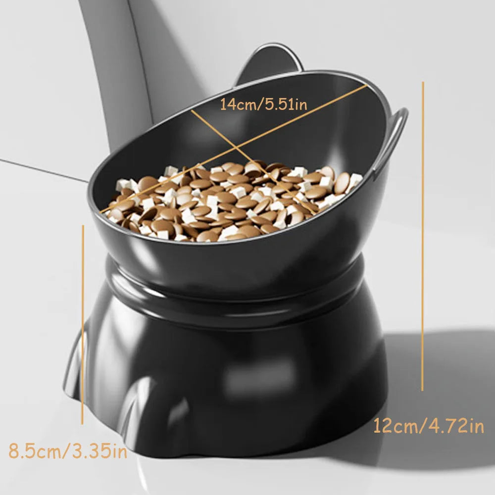 Black, ergonomic cat-head shaped elevated pet bowl filled with dry food, showing dimensions for easy feeding.