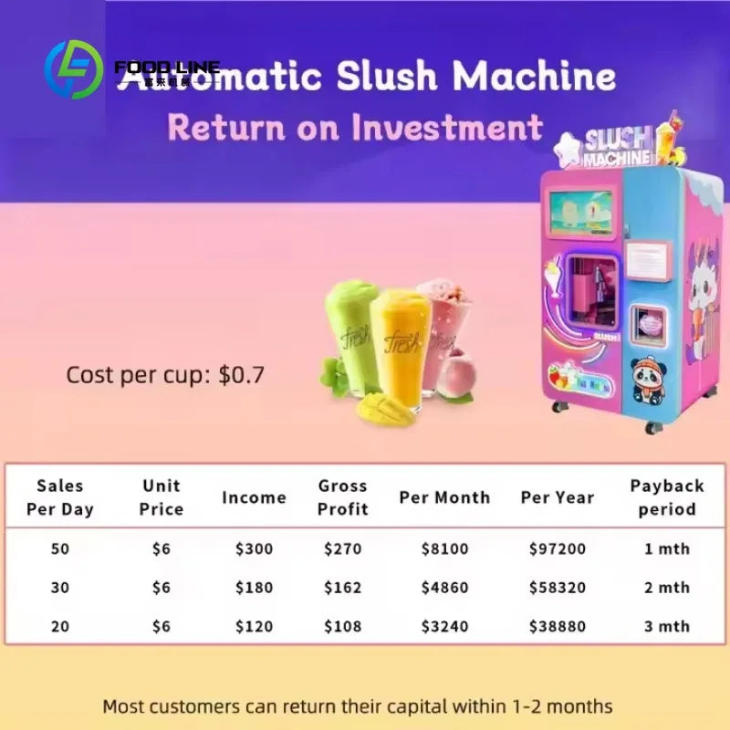 Pink and blue automatic slush vending machine with touchscreen, payment slot, and colorful cartoon graphics.