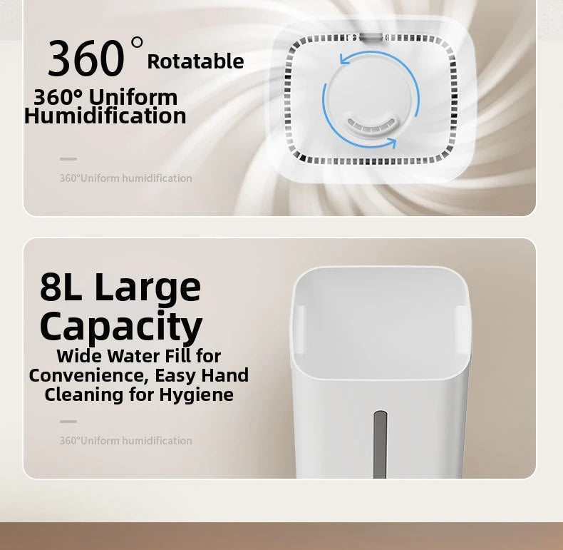 White 8L humidifier showing a 360-degree rotating nozzle for even mist and a wide-top tank for easy cleaning.