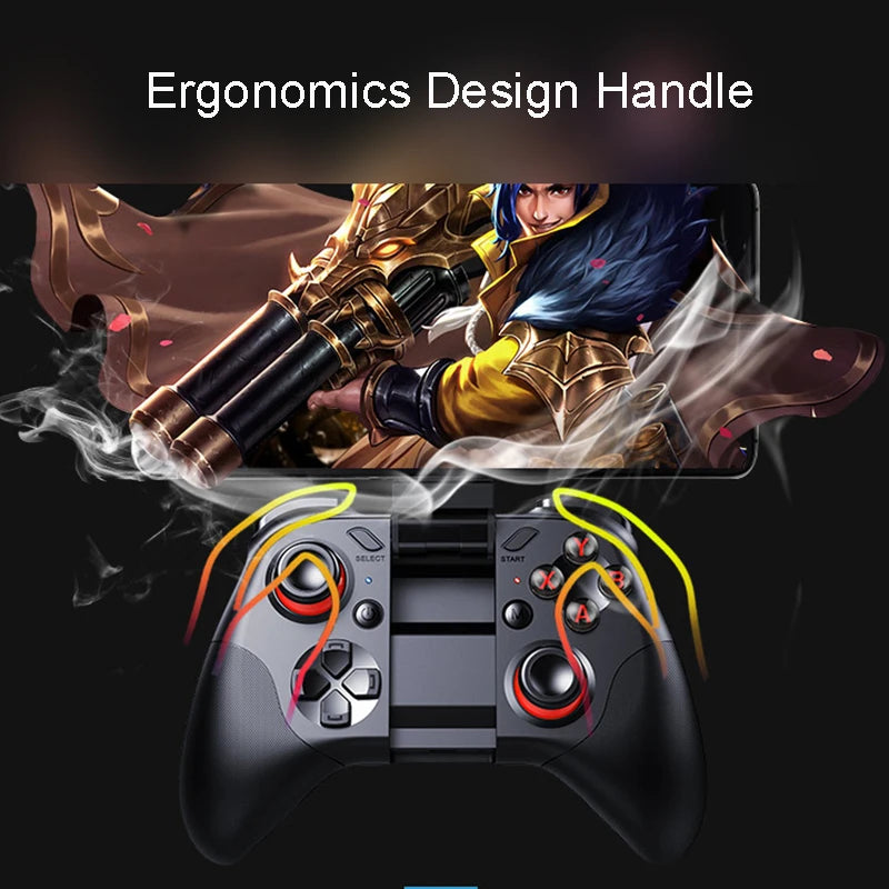 Ergonomic black wireless gaming controller holding a smartphone displaying a 3D fantasy action game.