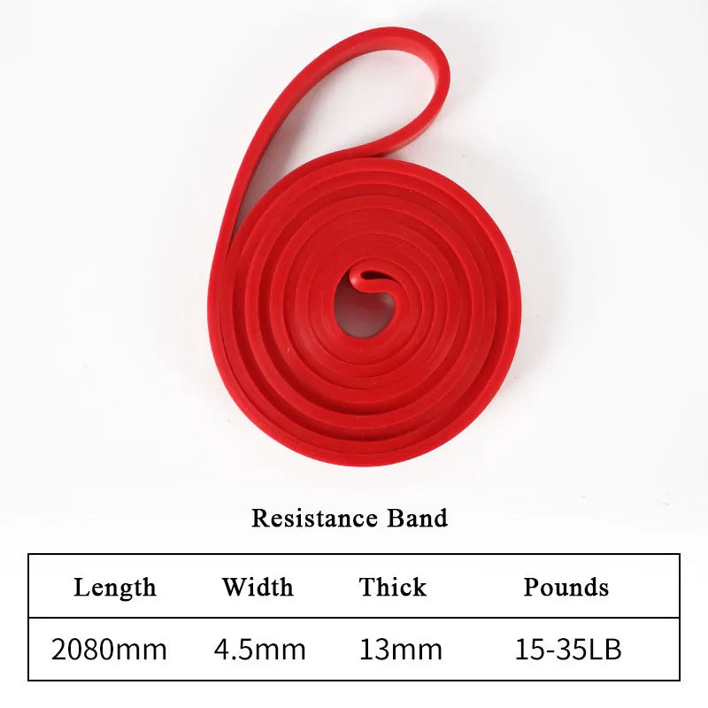 Red resistance exercise band coiled against a white background, with a chart detailing its specs below.