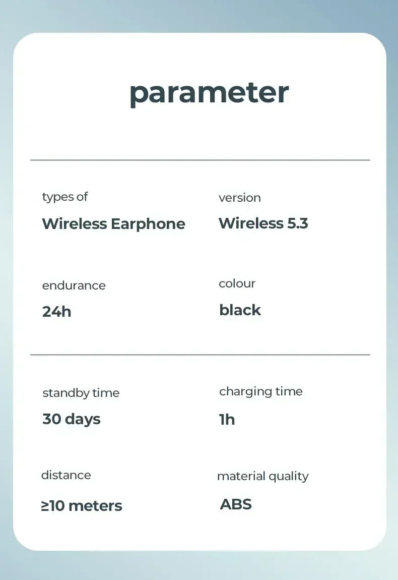 A technical parameter chart for black wireless earphones on a rounded white card.