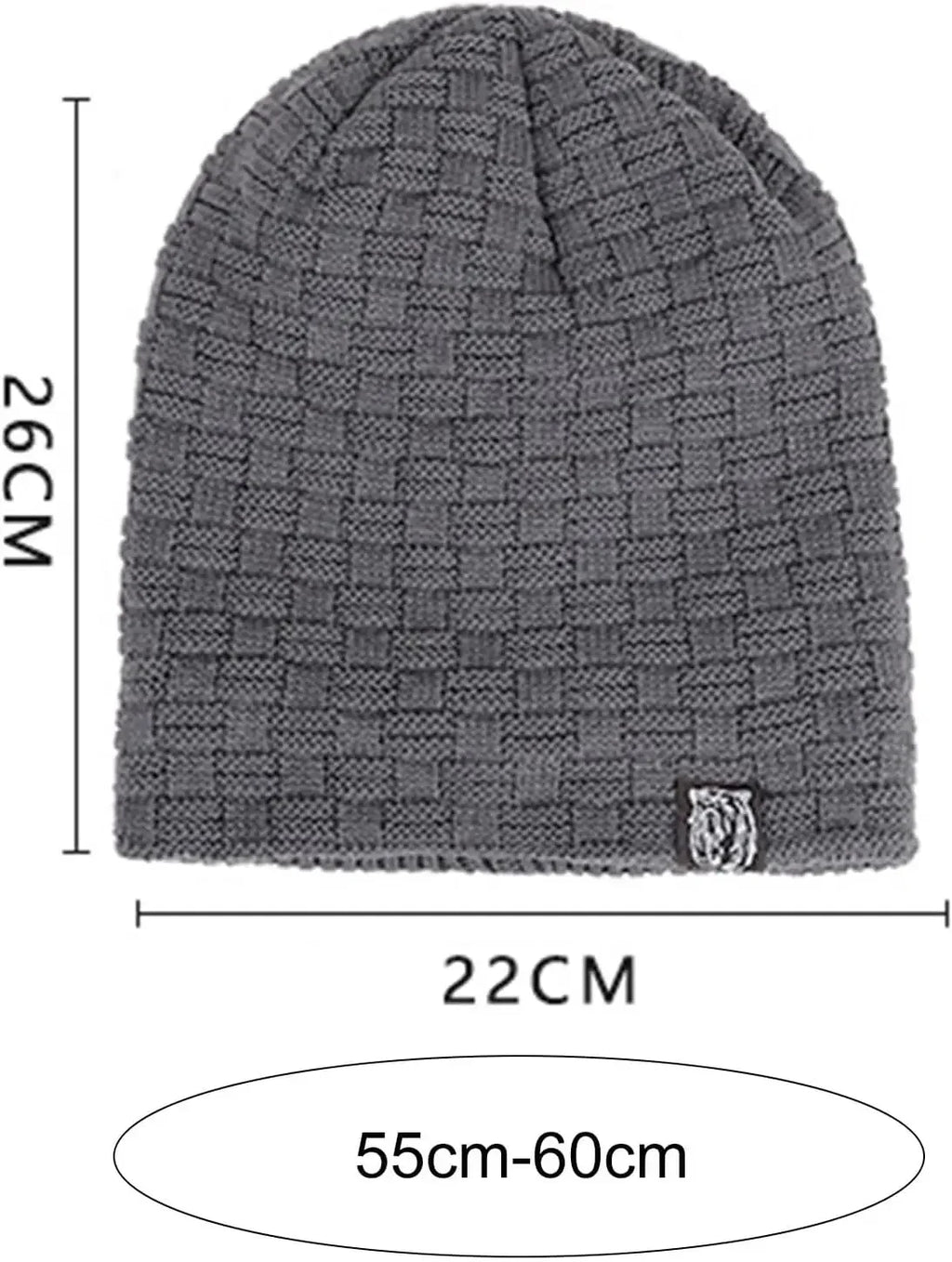 Grey unisex beanie hat featuring a textured basket-weave knit pattern and a small decorative patch.