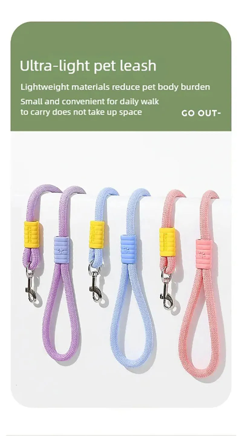 Three lightweight dog leashes in pastel purple, blue and pink, each with a contrasting sliding clasp and metal clip.
