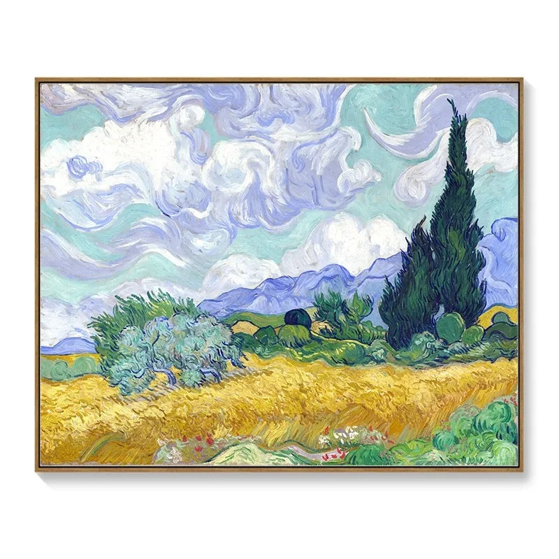 Van Gogh-style wall art meter box cover featuring a vibrant landscape of gold wheat, cypress trees and swirling sky.