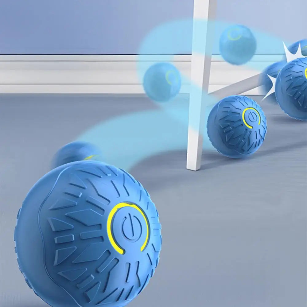 Blue, textured, automatic interactive dog ball toy with a power button, shown bouncing across the floor.