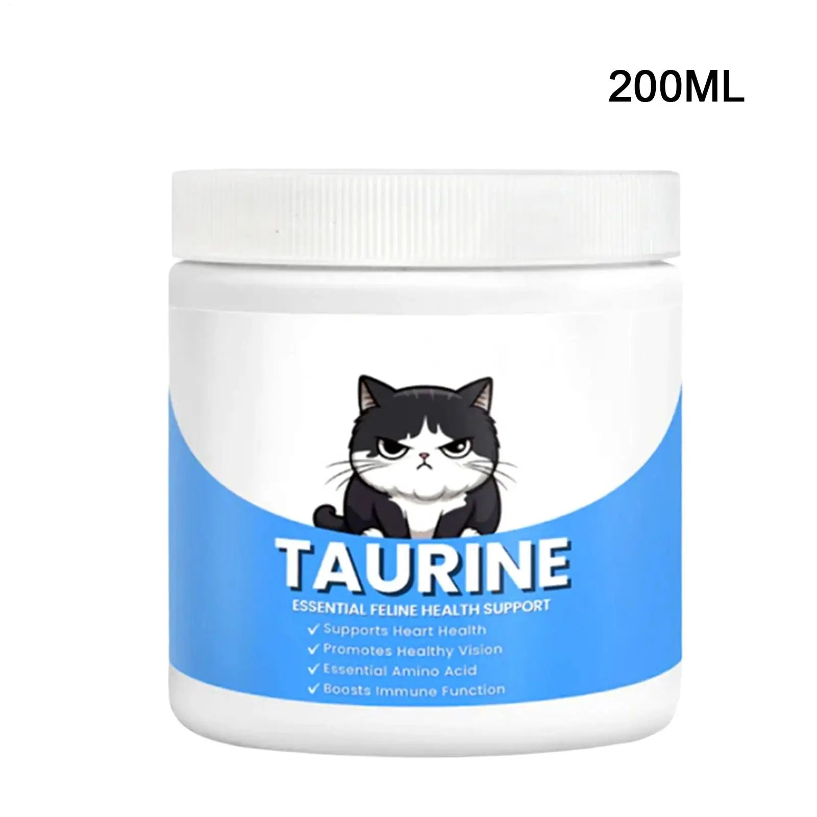 200ml white jar of feline taurine supplement featuring a cute cat illustration and heart, eye, and immune health list.