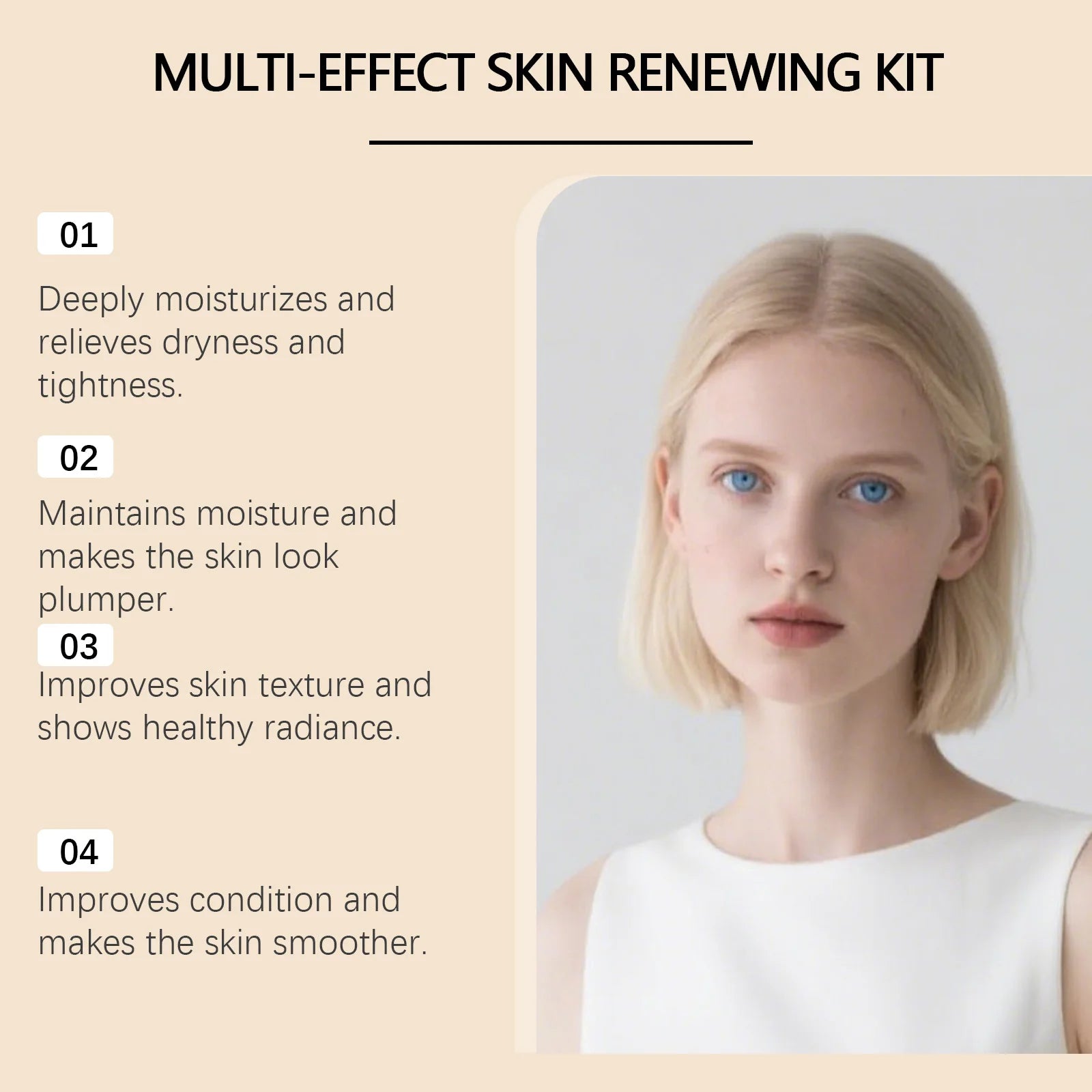 Multi-effect skin renewing kit infographic featuring a young woman with clear skin and numbered skincare benefits.