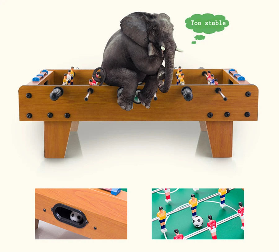Wood-finish foosball table with players and ball retrieval, showing durable construction and detailed green pitch.