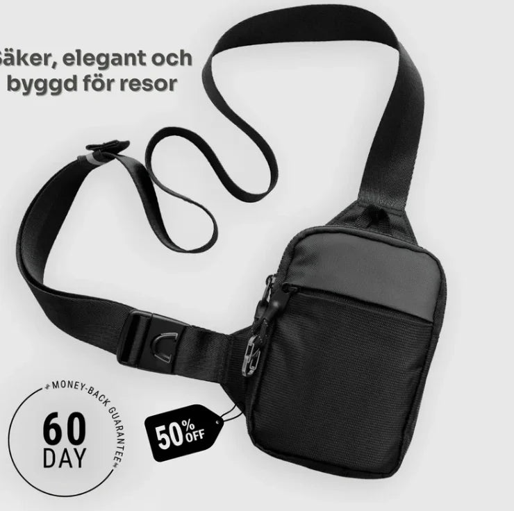 Small black anti-theft crossbody bag with an adjustable strap and a secure metal locking feature.