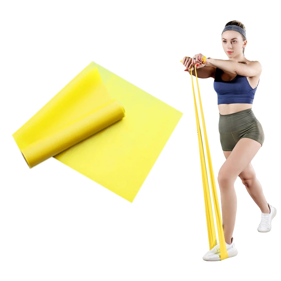 A woman demonstrates a yellow, flat, elastic resistance exercise band.