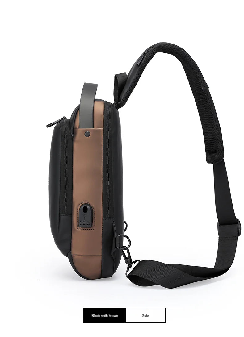 Side profile of a sleek black and brown anti-theft crossbody chest bag with an external USB charging port.