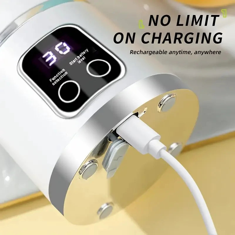 White rechargeable device with a silver and gold base, LED display showing "30," and a white charging cable attached.