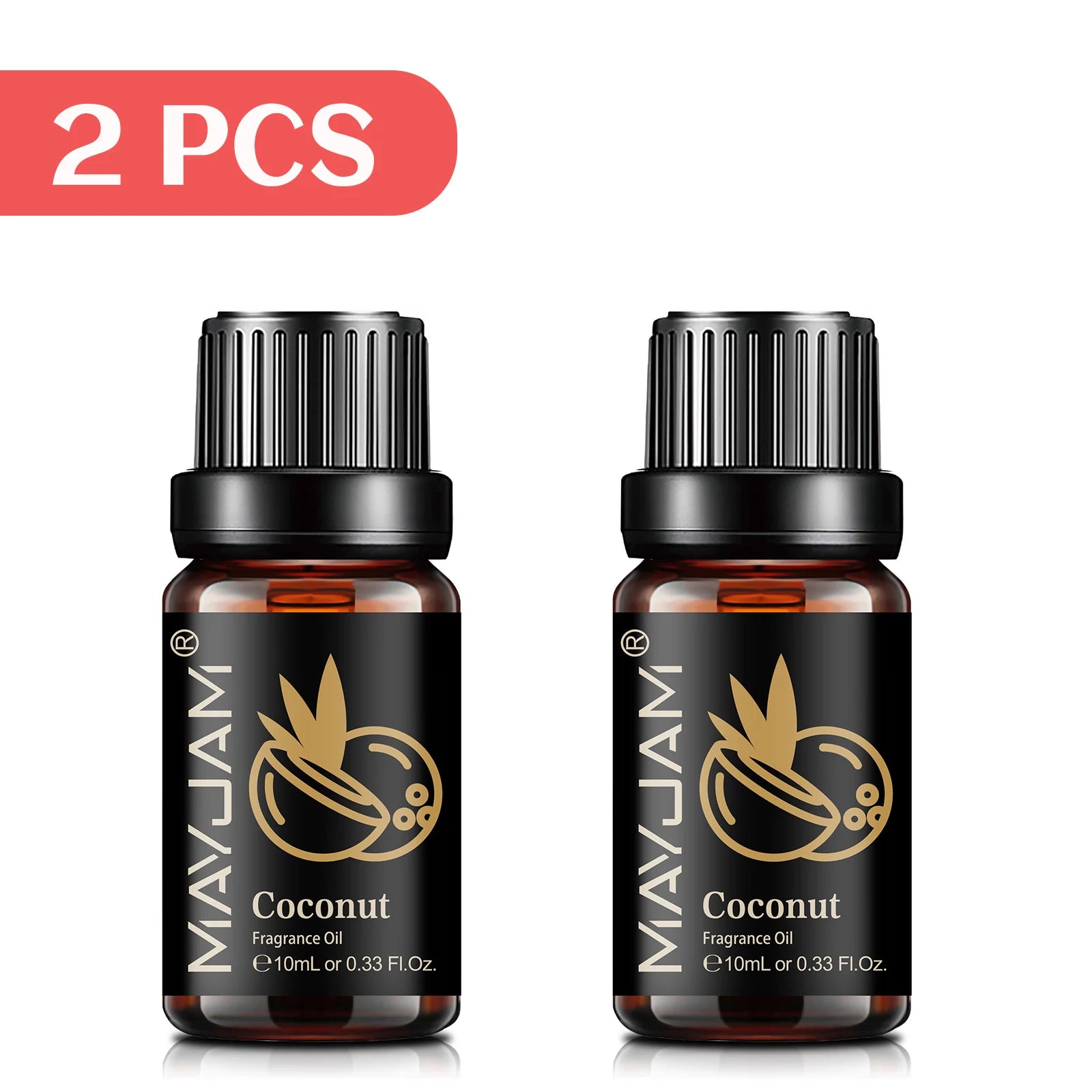 Two 10ml amber glass bottles of coconut fragrance oil with black dropper caps and labels featuring a coconut icon.