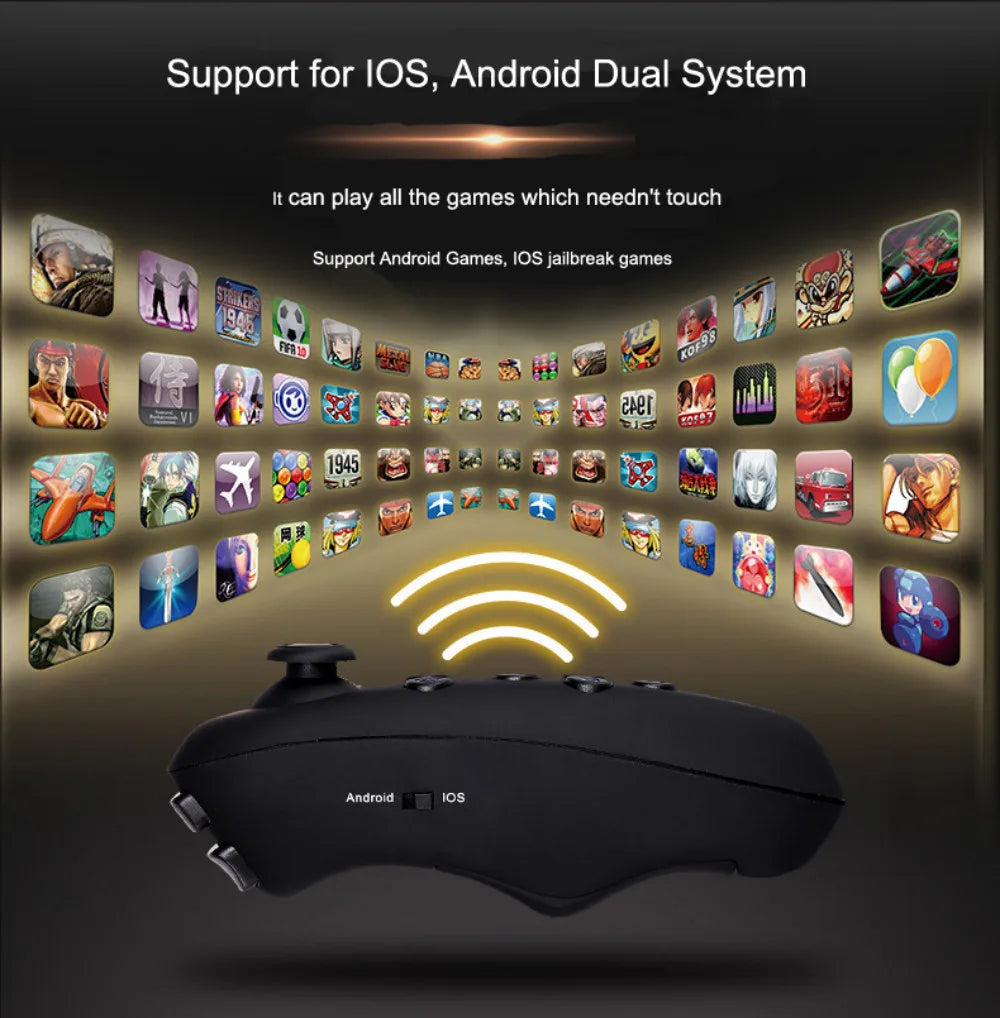Black wireless gaming remote for VR headsets, featuring an Android/iOS switch and a panoramic display of game icons.