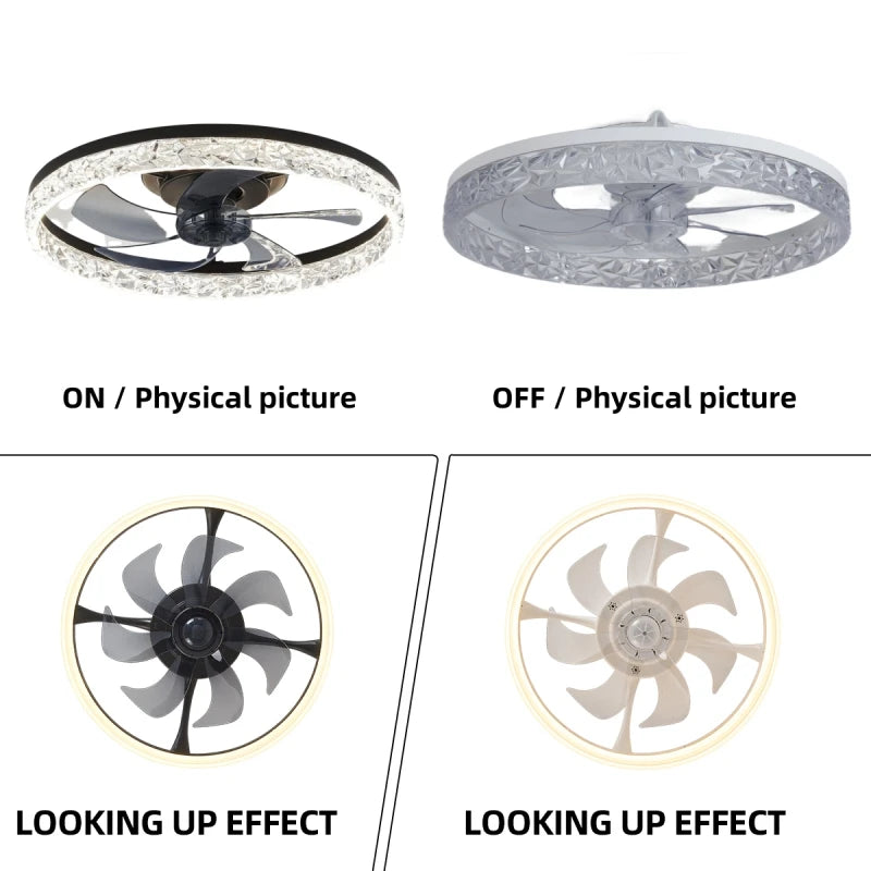 Smart 18.9in round LED ceiling fan in black and white styles, featuring a crystal-effect rim and internal fan blades.