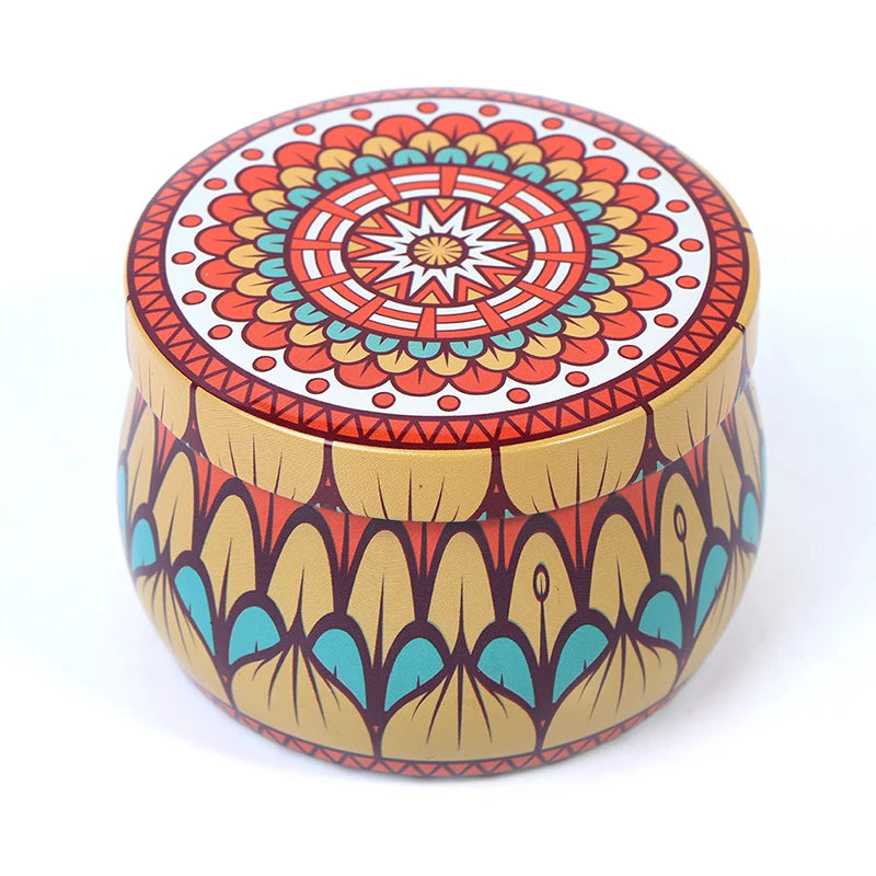 Small round tin storage jar featuring a colourful bohemian mandala pattern in gold, red, and turquoise.