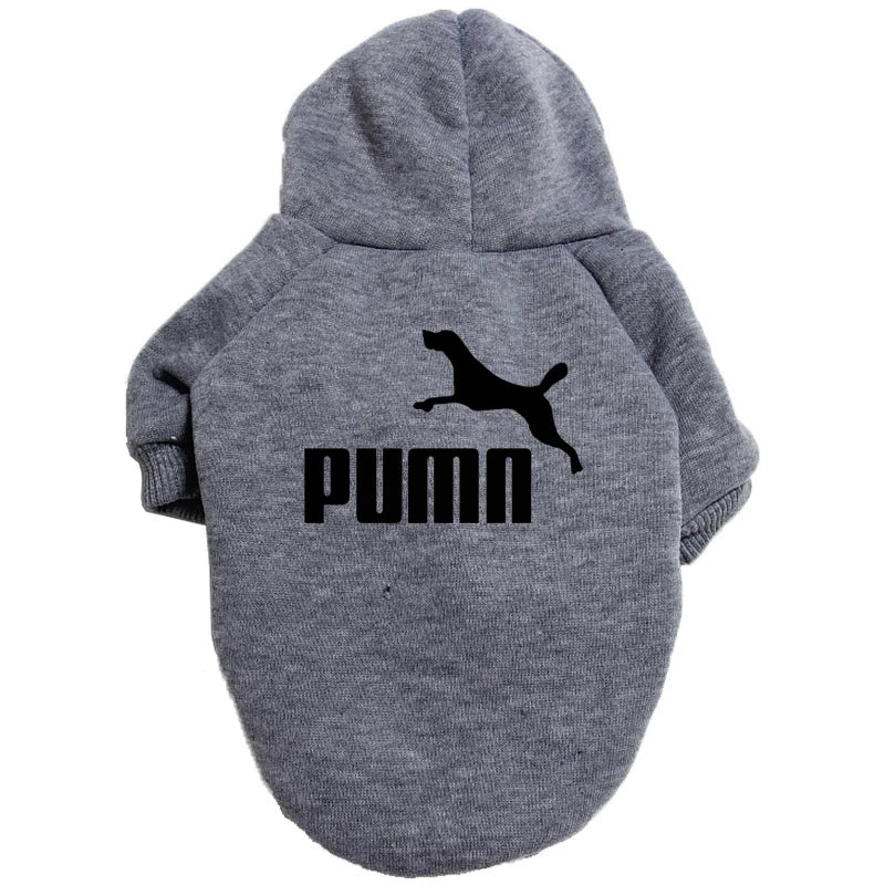 Grey casual dog hoodie with a hood, long sleeves, and a black leaping dog graphic on the back.