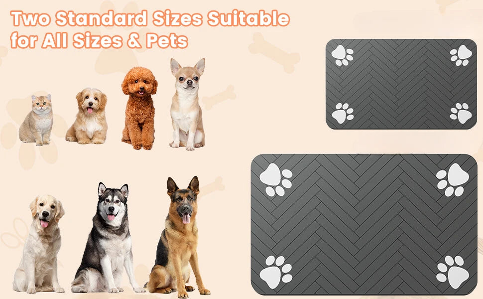Two grey, rectangular pet mats with a herringbone pattern and white paw prints in the corners, shown in two sizes.