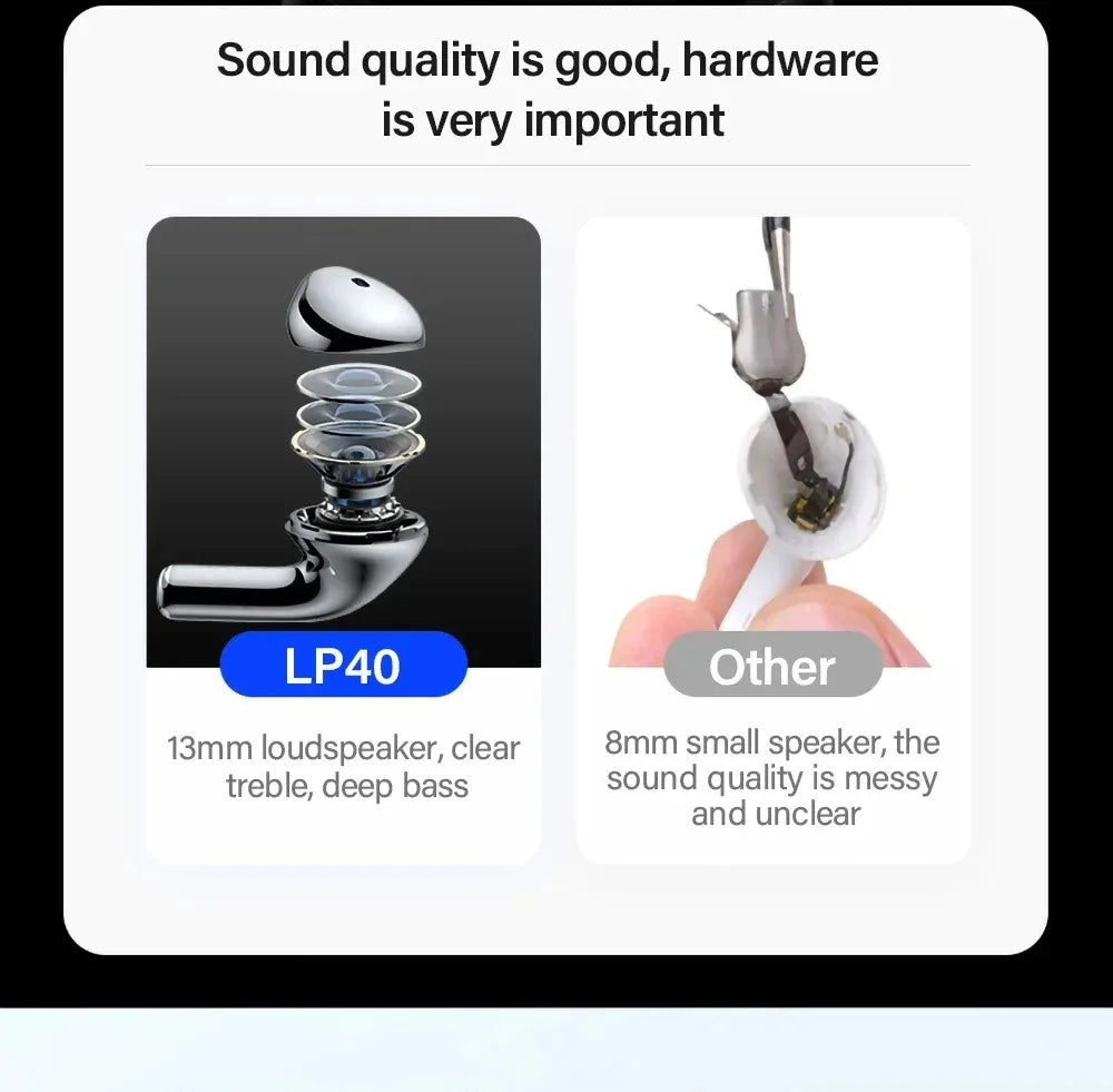 Comparison of two wireless earbud designs, highlighting internal 13mm speaker components versus standard small speakers.