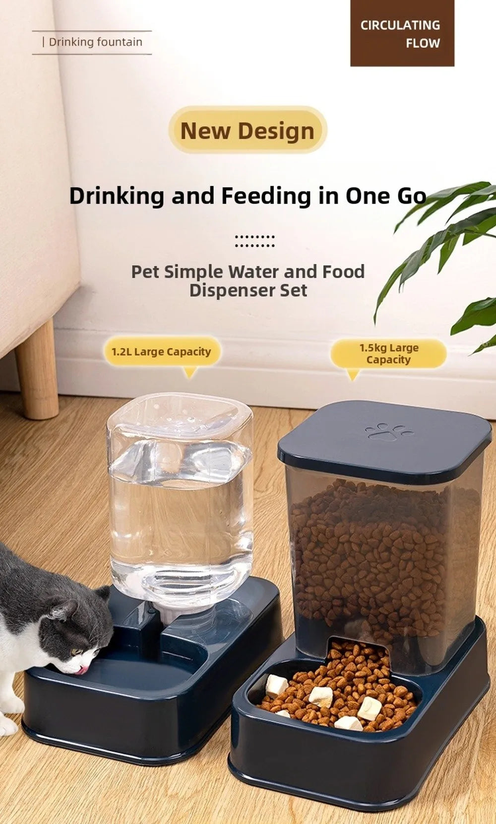 Dark blue pet water fountain and food dispenser set with clear containers, shown on a wooden floor.