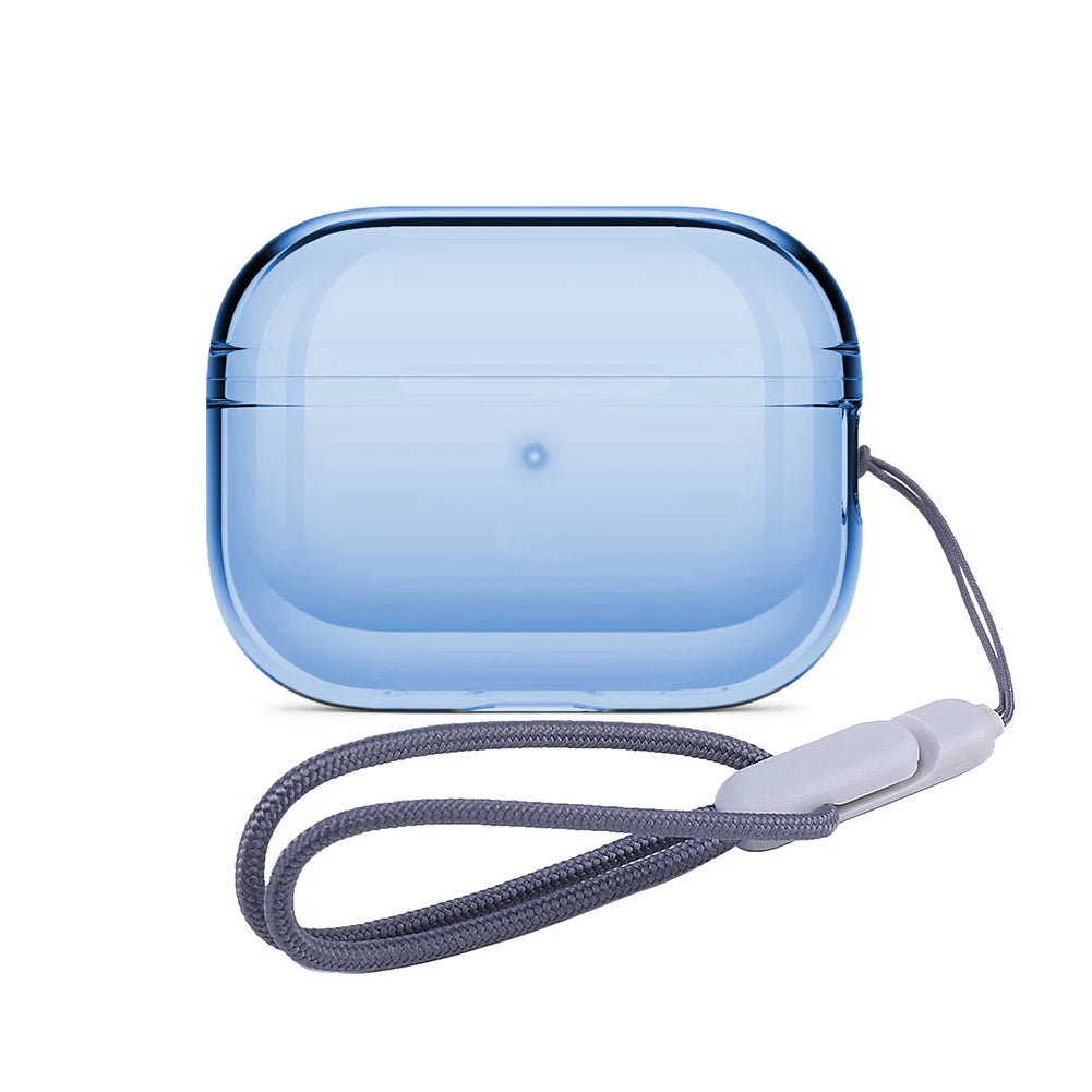 Translucent blue protective case for AirPods Pro with an integrated grey lanyard strap.