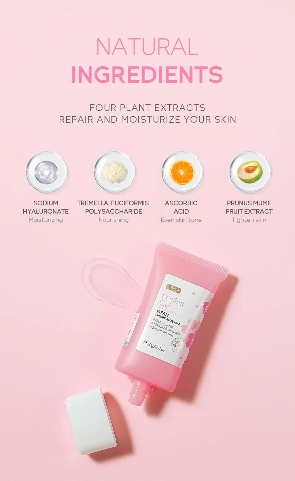 Pink tube of cherry blossom peeling gel with natural plant extract icons on a soft pink background.