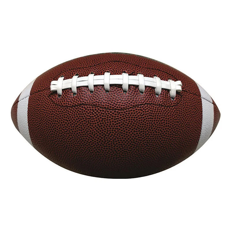 Brown American football with textured grip, white laces, and white stripes at each end against a plain background.