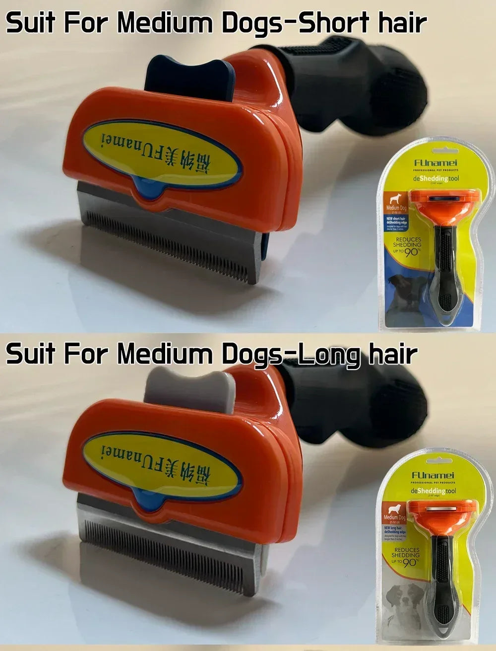 Two orange-and-black FUnamei dog deshedding tools for medium breeds, with short and long hair blade options.