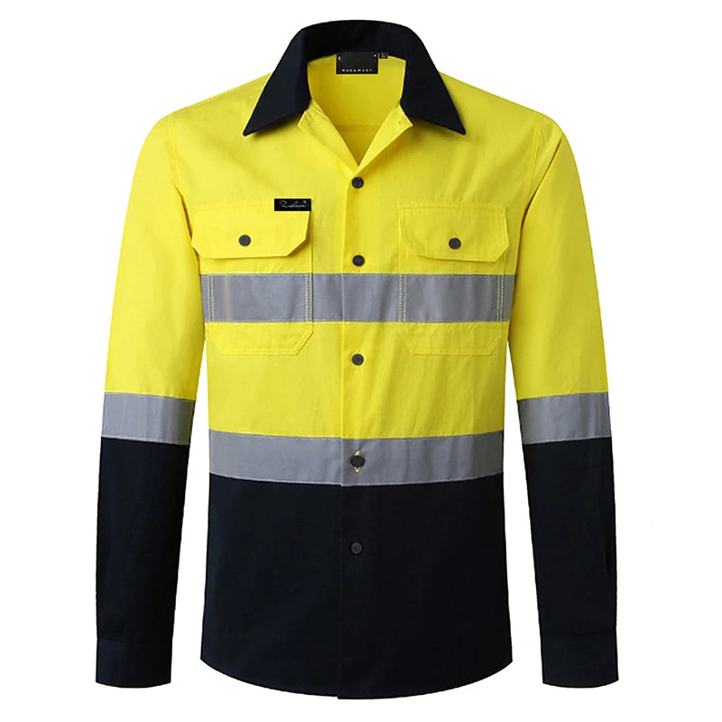 Men’s hi-vis yellow and navy long-sleeve work shirt with silver reflective tape, collar, and chest pockets.