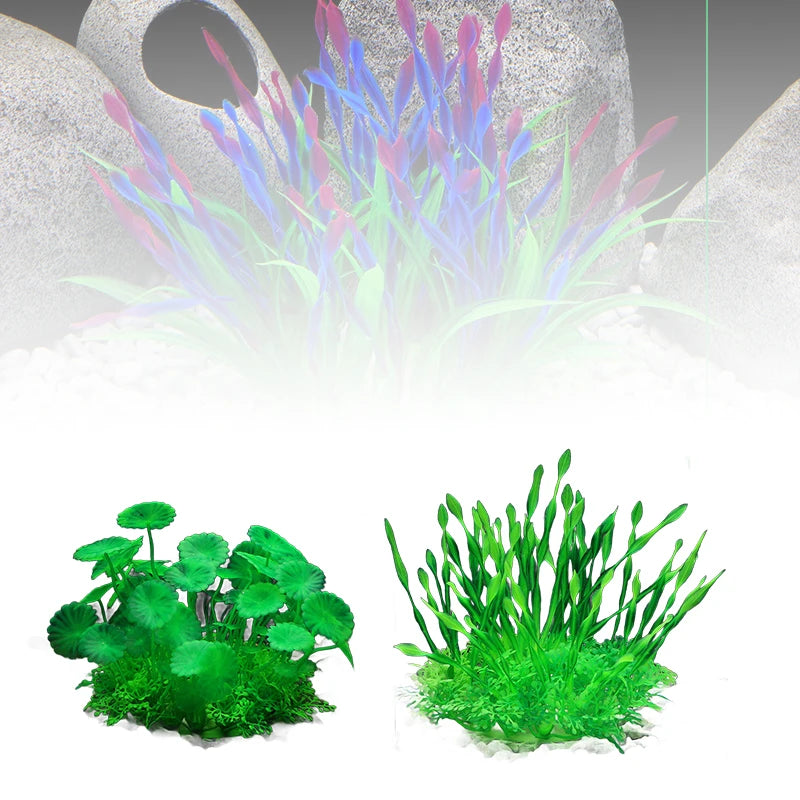 Three types of artificial aquarium plants, including one purple-tipped grass and two varieties of vibrant green plants.