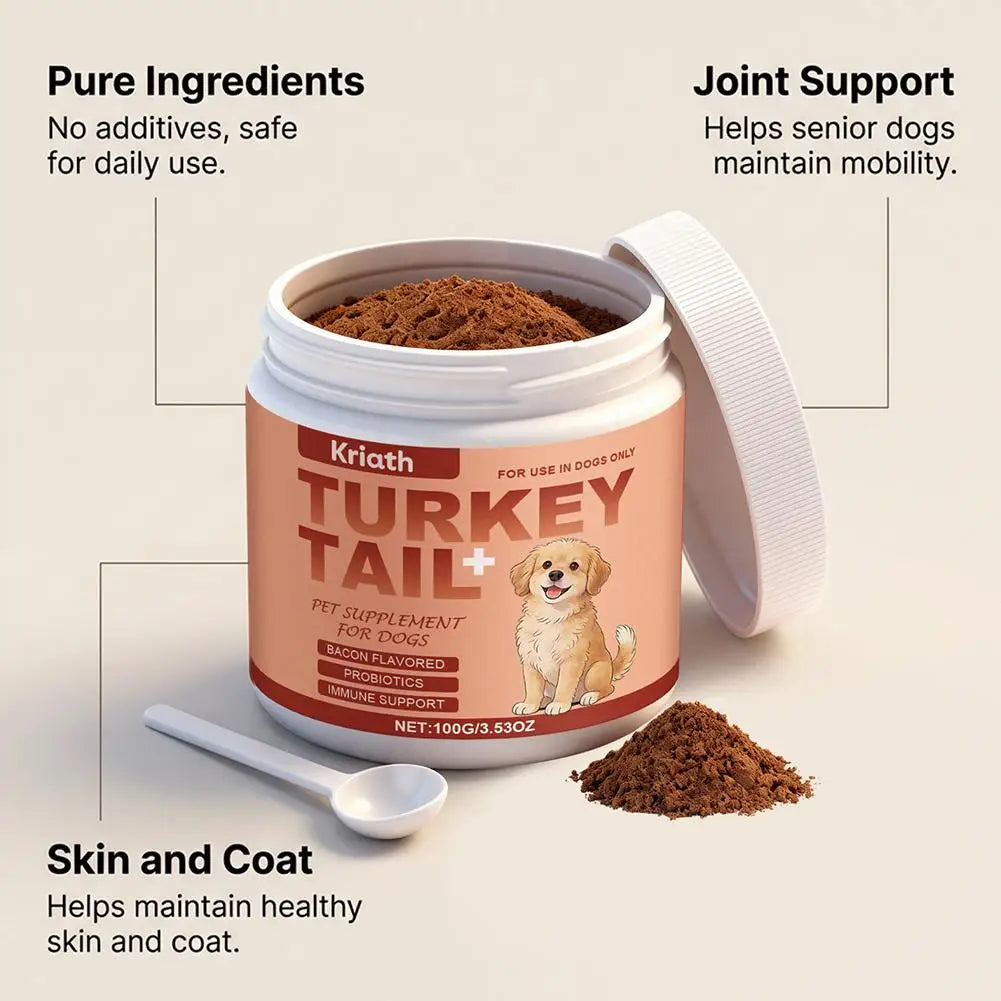 Open jar of bacon-flavoured turkey tail powder supplement for dogs, with a measuring spoon and benefits text overlay.