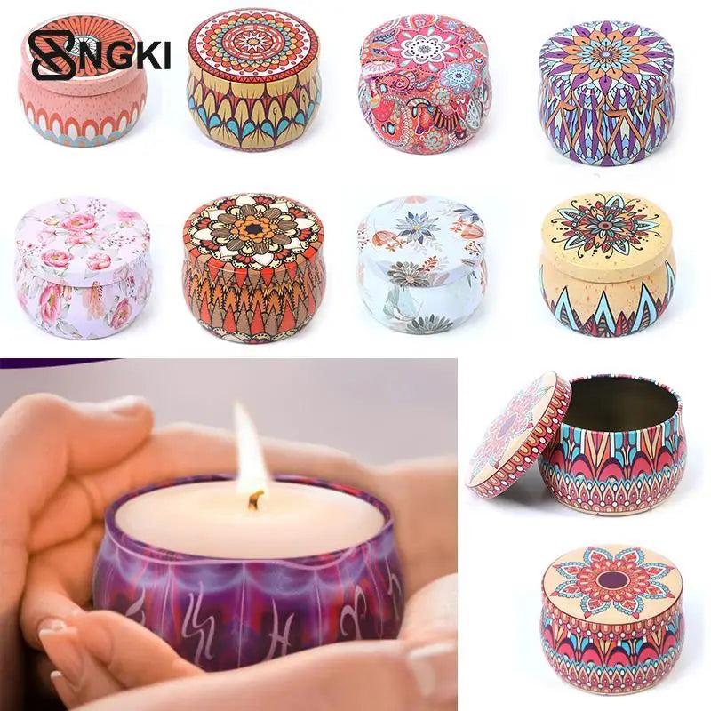 Assorted round metal candle tins featuring colourful, decorative mandala and floral patterns with matching lids.