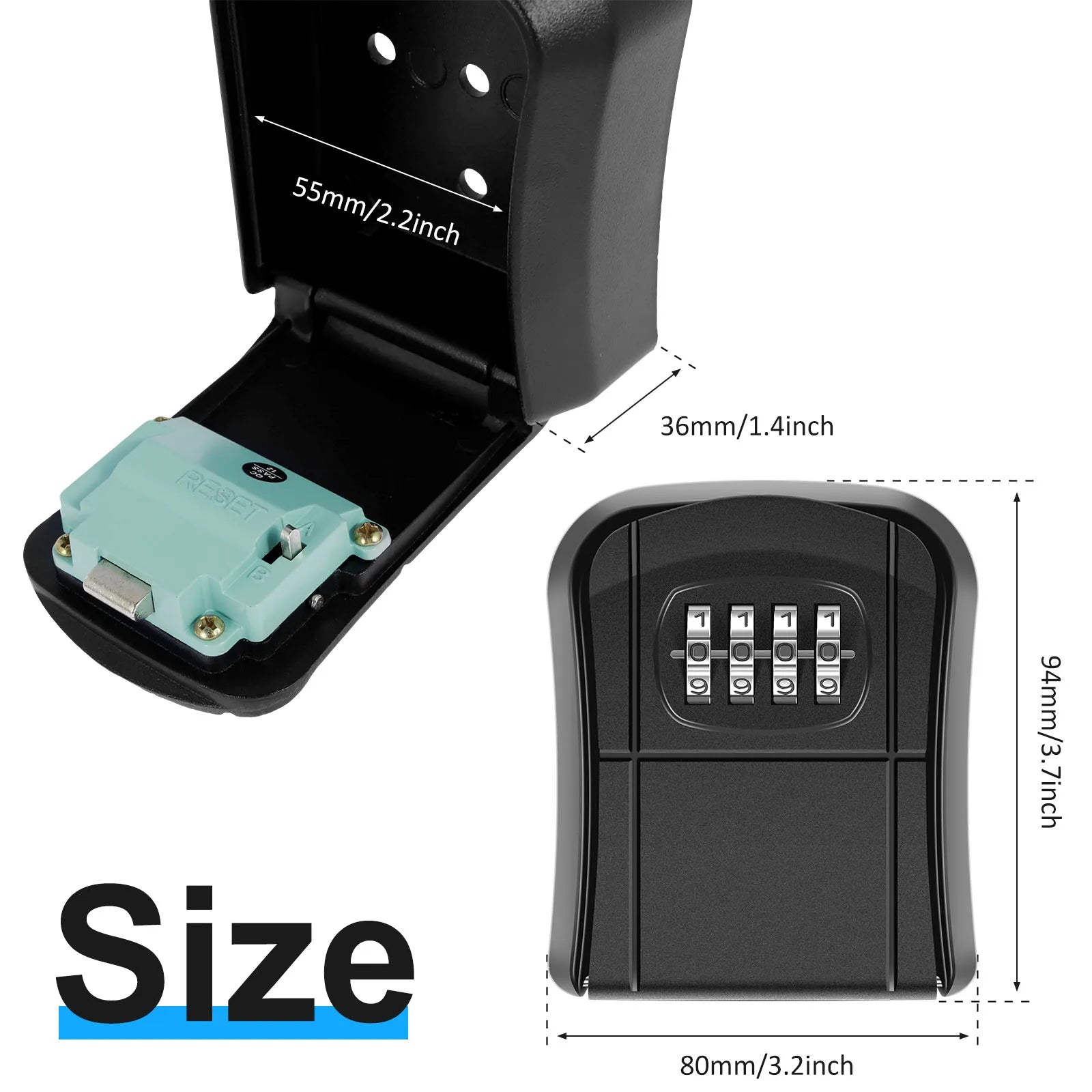 Black metal wall-mounted key lock box with a four-digit combination dial and reset switch, showing dimensions.