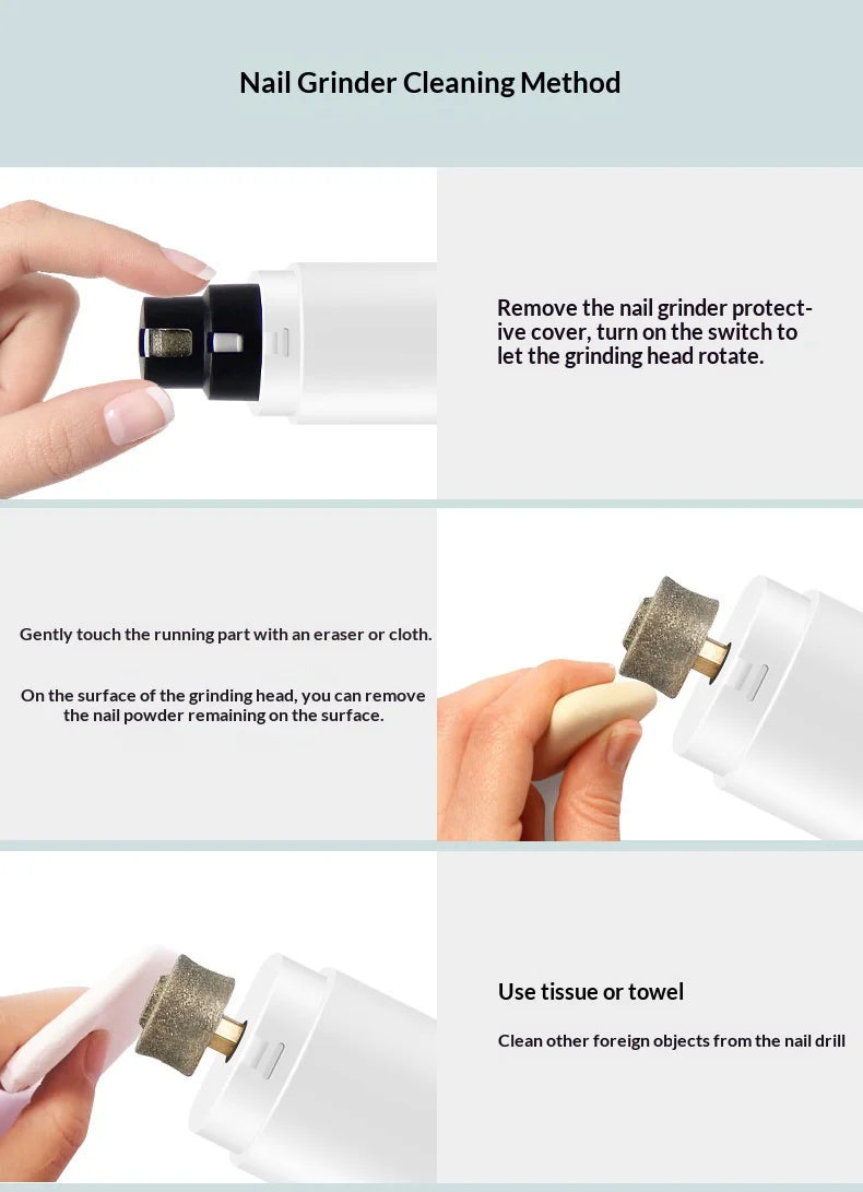 Three-step guide showing how to clean a white electric pet nail grinder using an eraser and tissue.