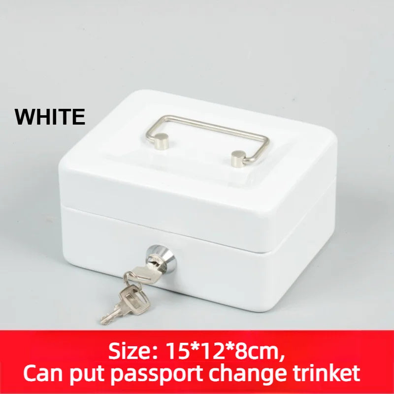 Small white metal lockbox with a top handle and a keyed lock, measuring 15x12x8cm.
