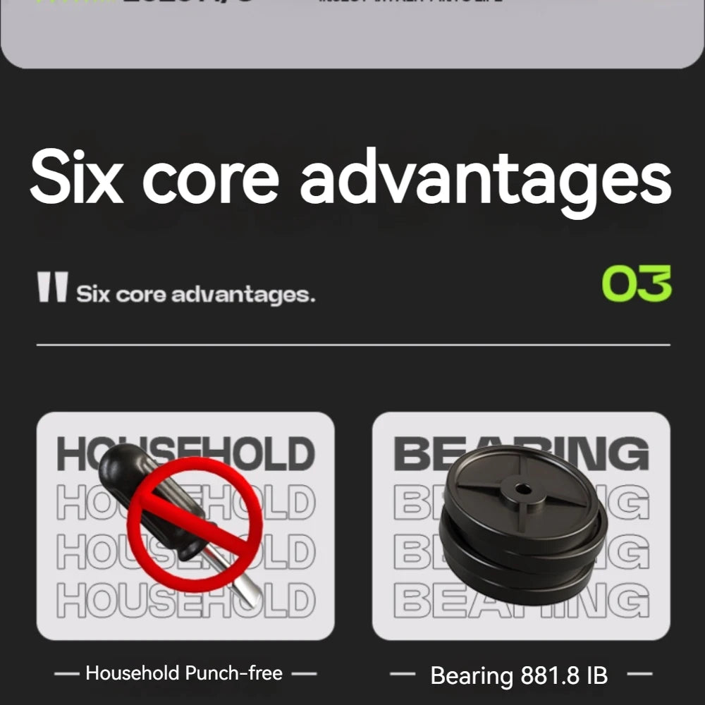 Graphic showing a "no screwdriver" symbol next to a stack of black bearings, highlighting a punch-free design.